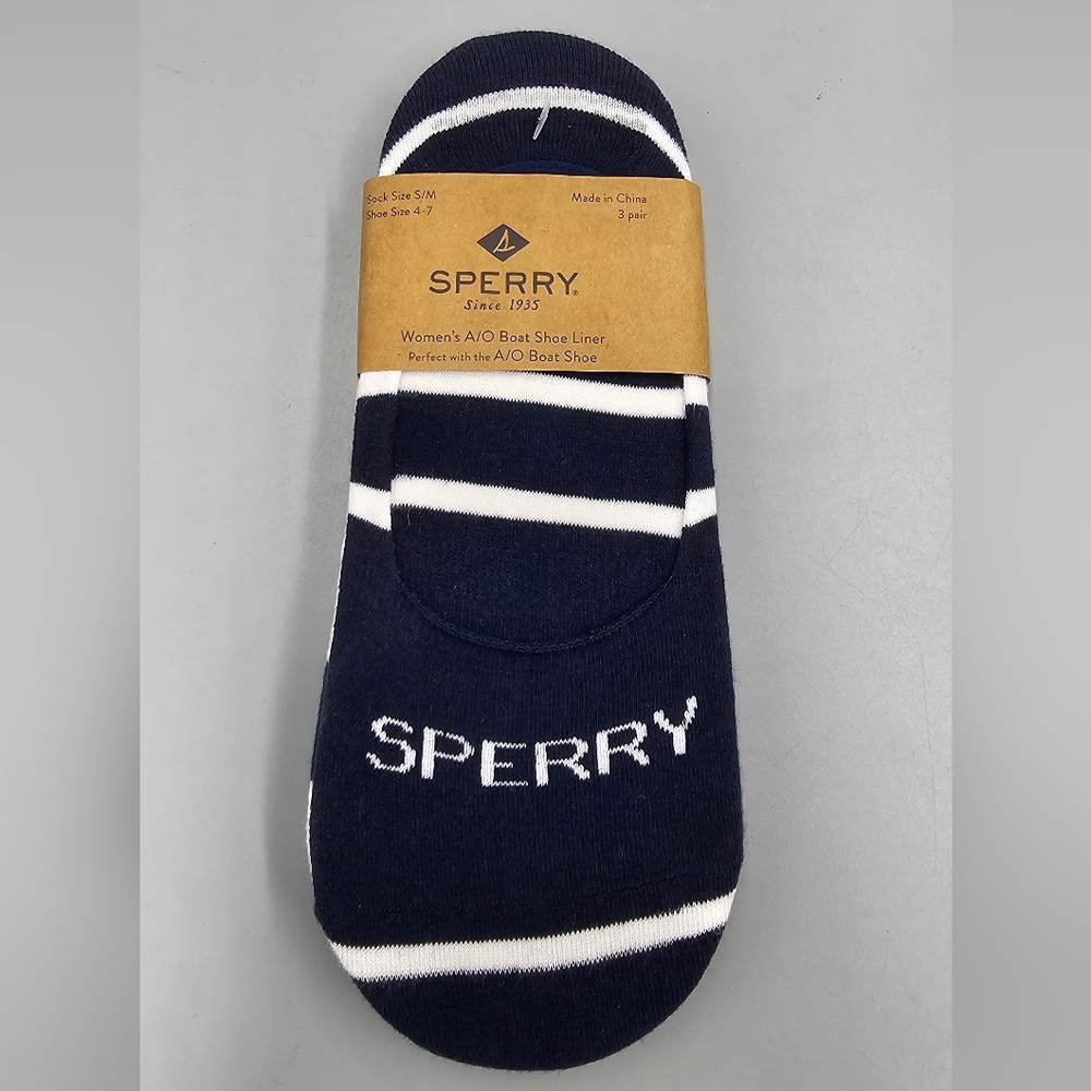 Sperry 3 Pack A/O Boat Shoe Liner Socks Navy Blue White Womens Size S M 4-7